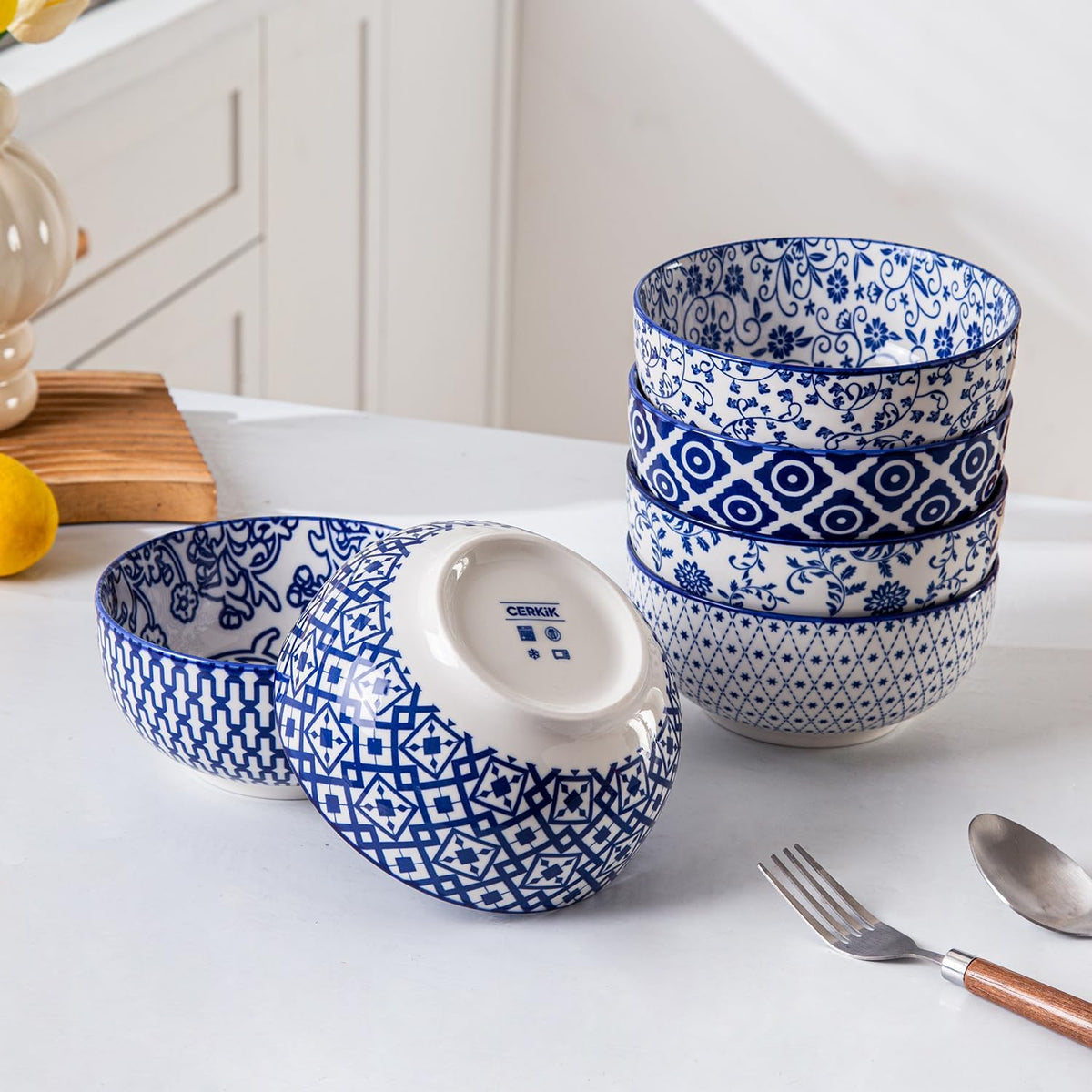 Ceramic Soup Bowls Set - 23 Oz Deep Cereal Bowl for kitchen - 6 Inch Porcelain Salad Bowl for