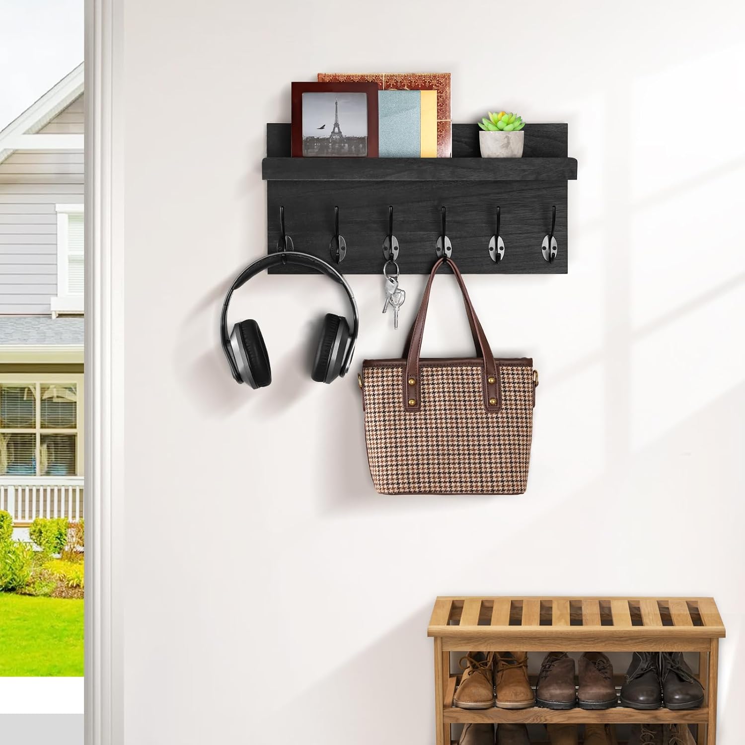 Shelf with Hooks, Coat Rack Wall Mount with 6 Double Metal Hooks, 17 Inch Farmhouse Wall Hooks with