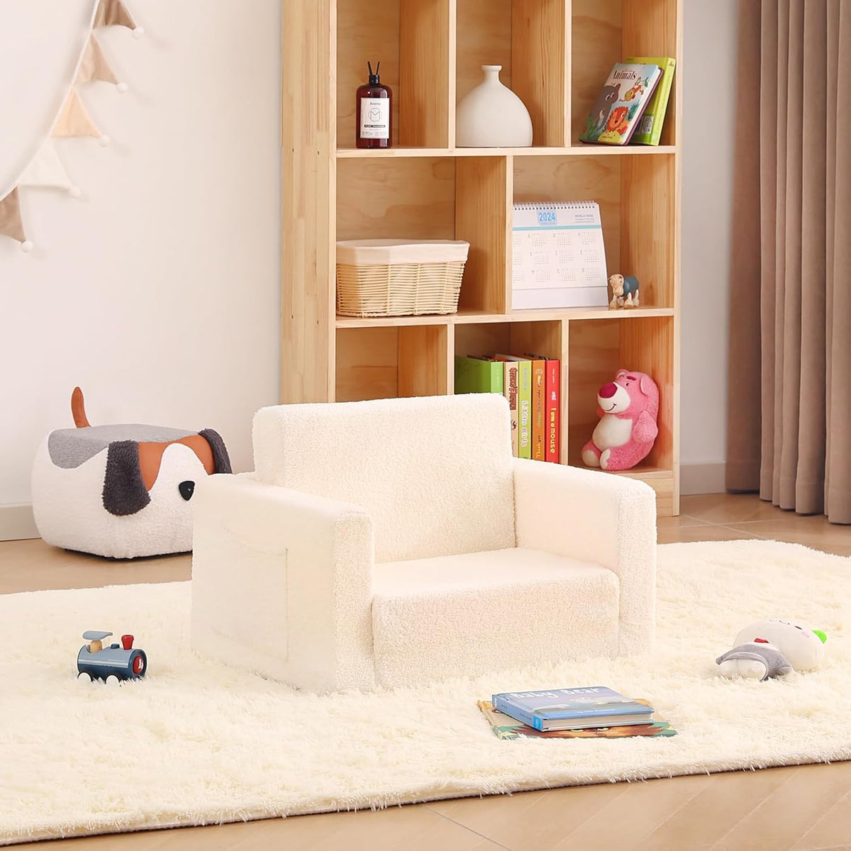 Toddler Chair Sherpa Kids Couch, 2-in-1 Soft Kids Sofa Lounger for Bedroom, Convertible Couch for