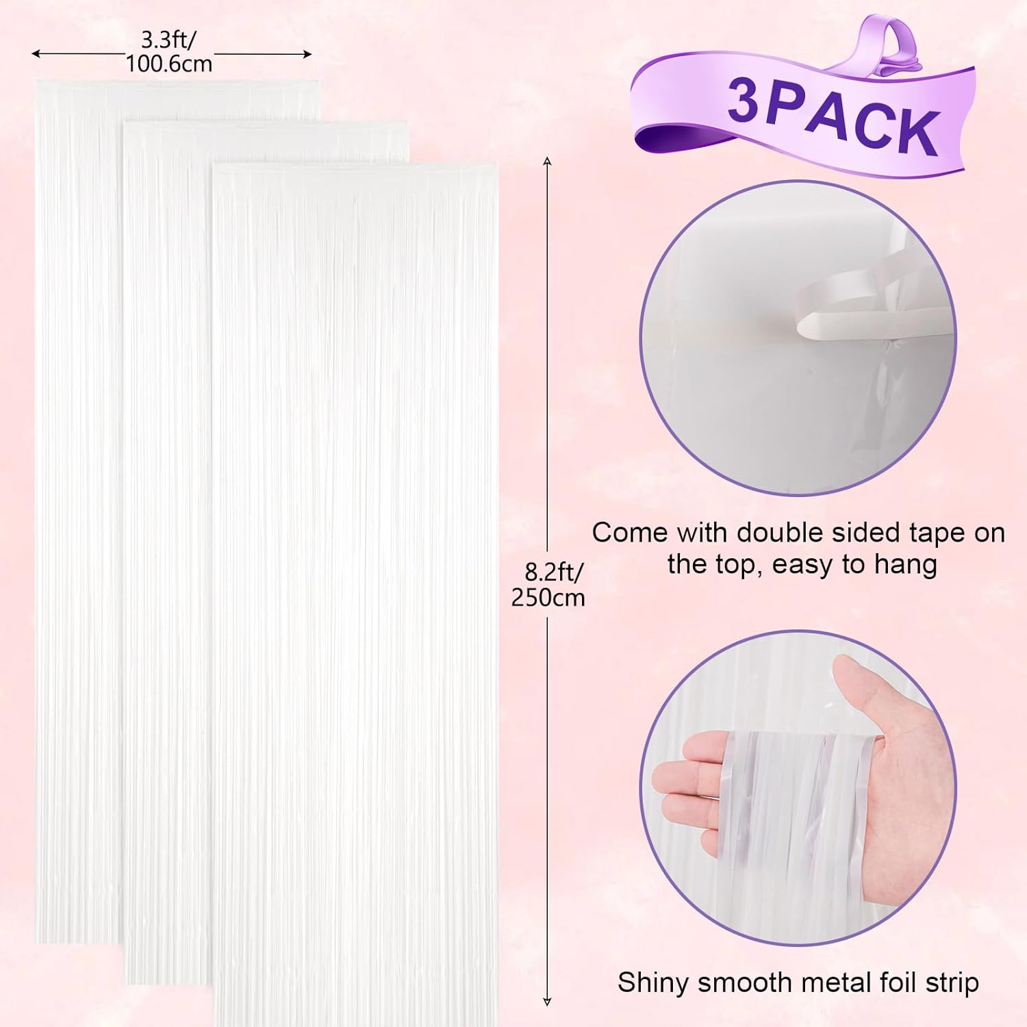 3 Pack 3.3x8.2 Feet White Foil Fringe Backdrop Curtains, Tinsel Streamers Birthday Party