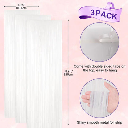 3 Pack 3.3x8.2 Feet White Foil Fringe Backdrop Curtains, Tinsel Streamers Birthday Party