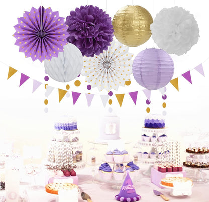 Purple-Gold Party Decorations Streamers Lanterns - 14pcs White Lavender Paper Fan Graduation Woman