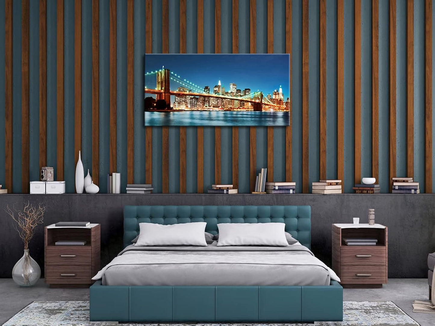 Pyradecor Large Modern New York Cityscape Canvas Wall Art Brooklyn Bridge Night View Canvas Prints