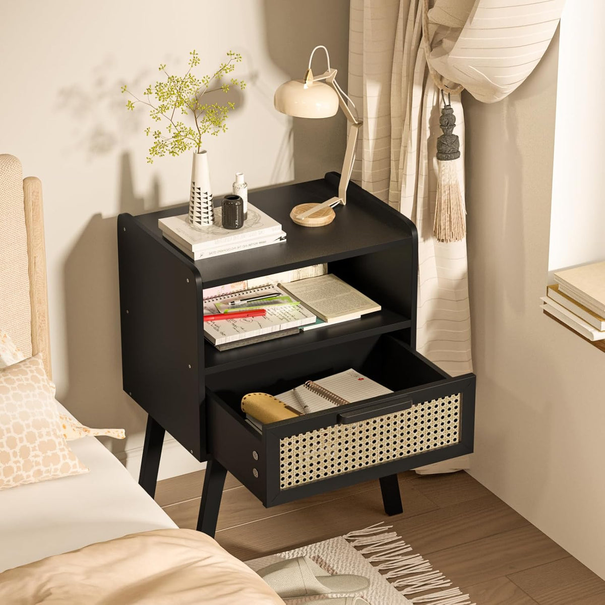 Lerliuo Rattan Nightstand, Bedside Table with Drawer Open Shelf, Cane Accent Side End Table with