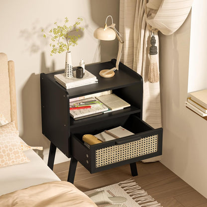 Lerliuo Rattan Nightstands Set of 2, Bedside Table with Drawer Open Shelf, Cane Accent Side End