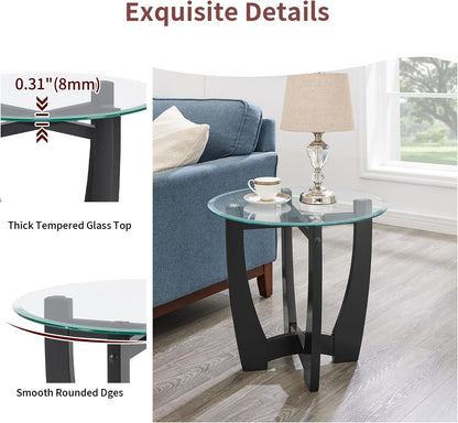 Glass End Table, 23.5" Round Side Tables with Tempered Glass Top Cross and Solid Wood Base Small