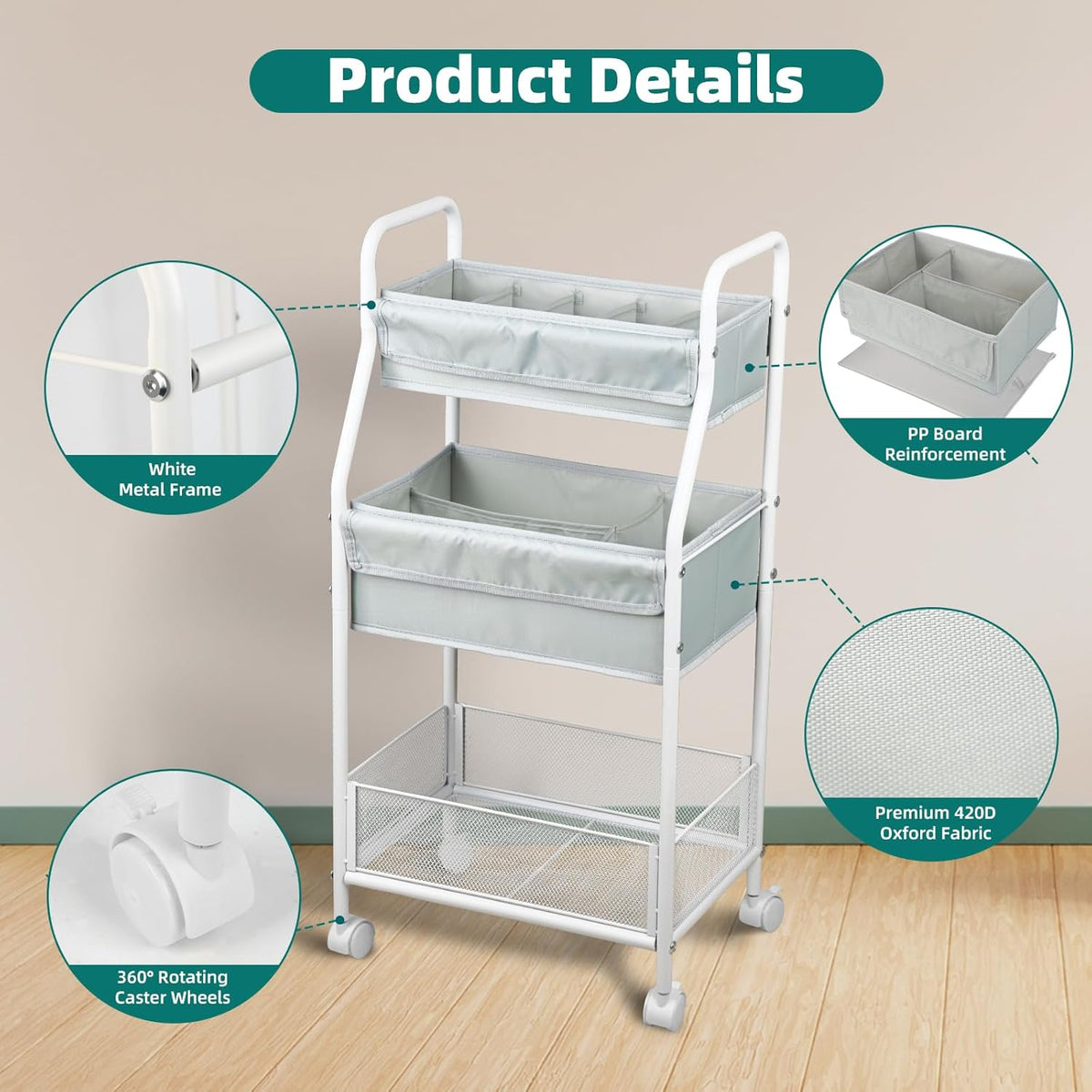 Moteph Rolling Utility Cart with Wheels - Baby Organizers for Nursery Essentials, Diaper Organizer