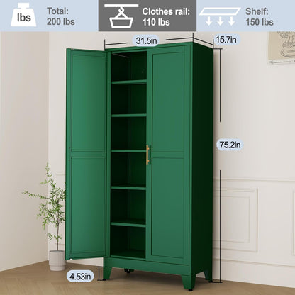 Green Metal Storage Cabinet,75" Steel Cabinets for Home Office, Kitchen Pantry Storage Cabinet with