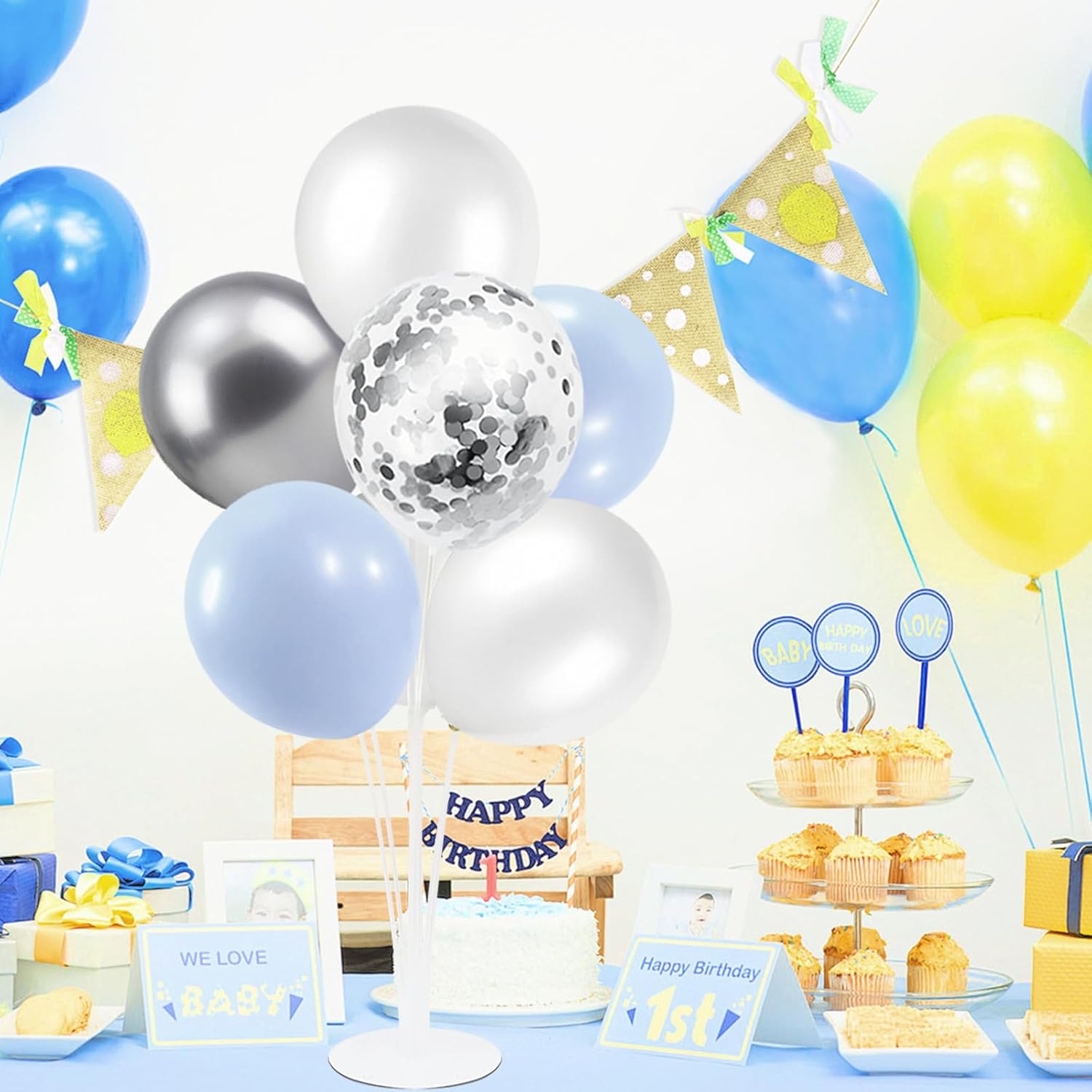 Baby Blue and Silver Balloon Stand Centerpiece Table Decorations for Baby Shower Wedding Engagement