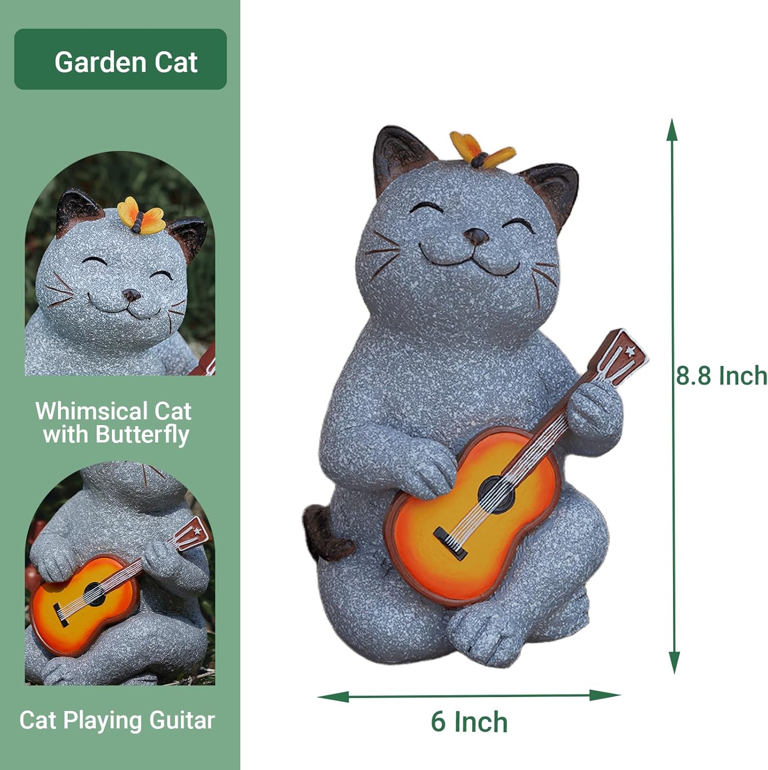 Cat Garden Statue Outdoor Decor, Cat Sculpture with Guitar and Butterfly for Yard Lawn Patio