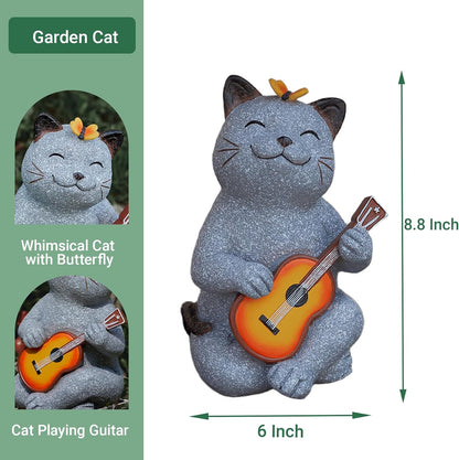 Cat Garden Statue Outdoor Decor, Cat Sculpture with Guitar and Butterfly for Yard Lawn Patio