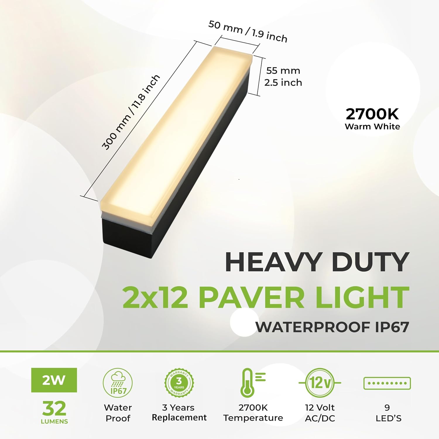 LUMENGY Paver Light 2×12 Inch (1.97 inch X 11.81 inch), 2700K Warm White Glare-Free Illumination