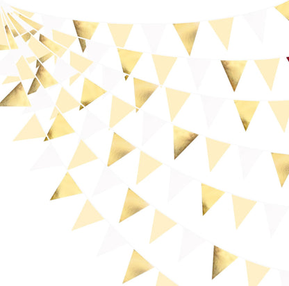 White and Gold Party Decorations Gold Beige White Fabric Triangle Pennant Banner Flag Bunting