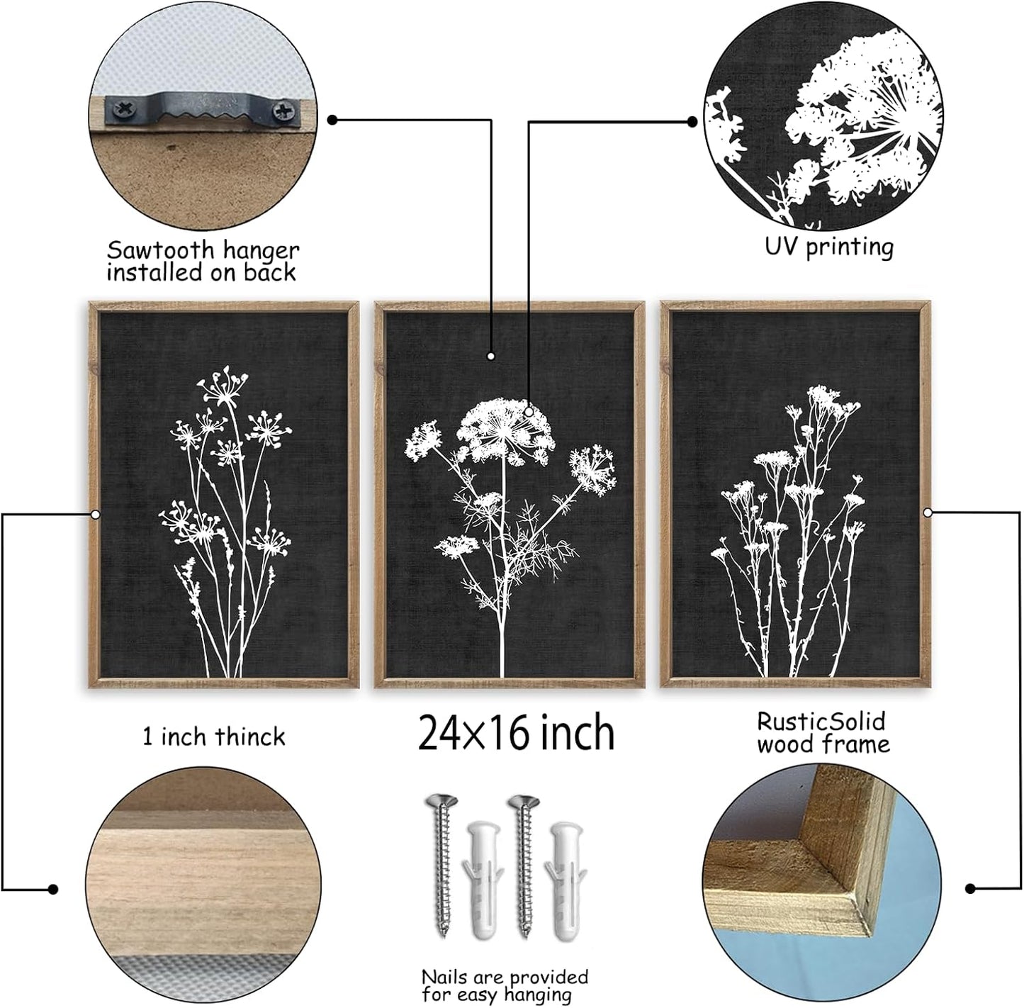 Flower Plant Wall Art Decor 24"x16" Set of 3 Black And White Botanical Painting Wood Framed For