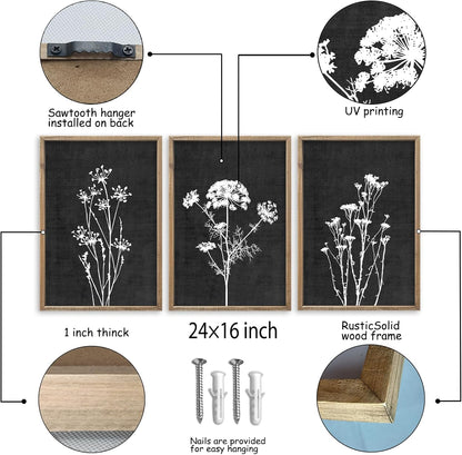 Flower Plant Wall Art Decor 24"x16" Set of 3 Black And White Botanical Painting Wood Framed For