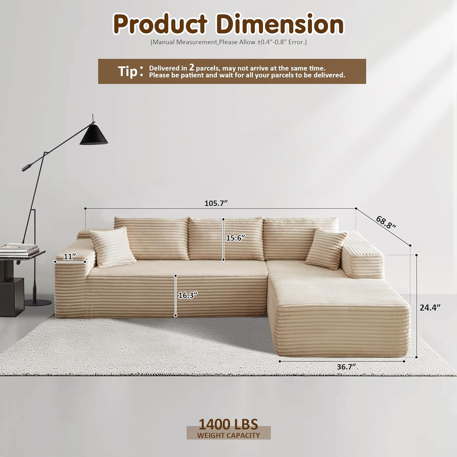 ovios 104" Cloud Sectional Couch with L-Shape Chaise,Modern Modular Sofa with Deep Seat