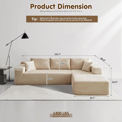 ovios 104" Cloud Sectional Couch with L-Shape Chaise,Modern Modular Sofa with Deep Seat