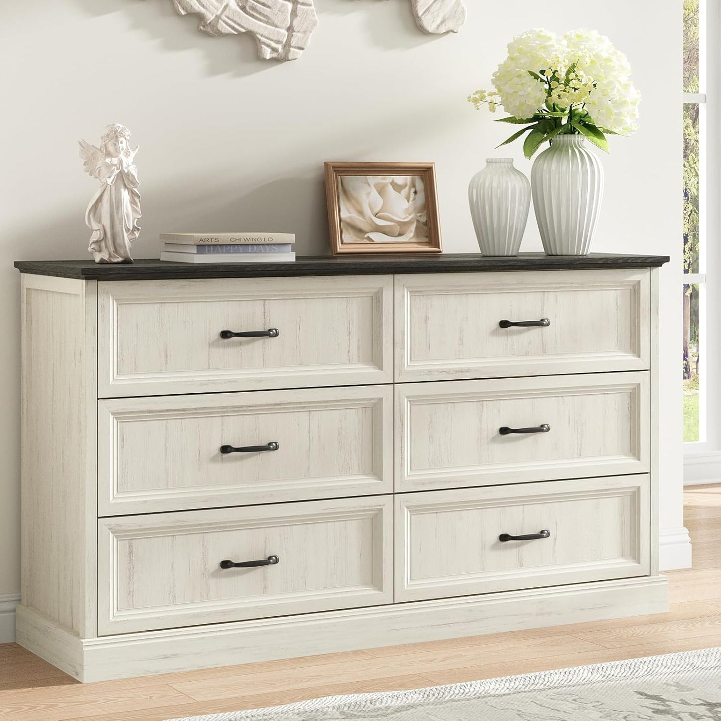 Farmhouse 6 Drawer Dresser for Bedroom, 55 Inch Wide Modern White Dresser TV Stand with Large