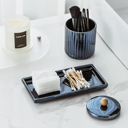 Qtip Holder Bathroom Set with Tray(3PCS) - 2 Piece 12 oz Blue Apothecary Jar Canister with Lid and