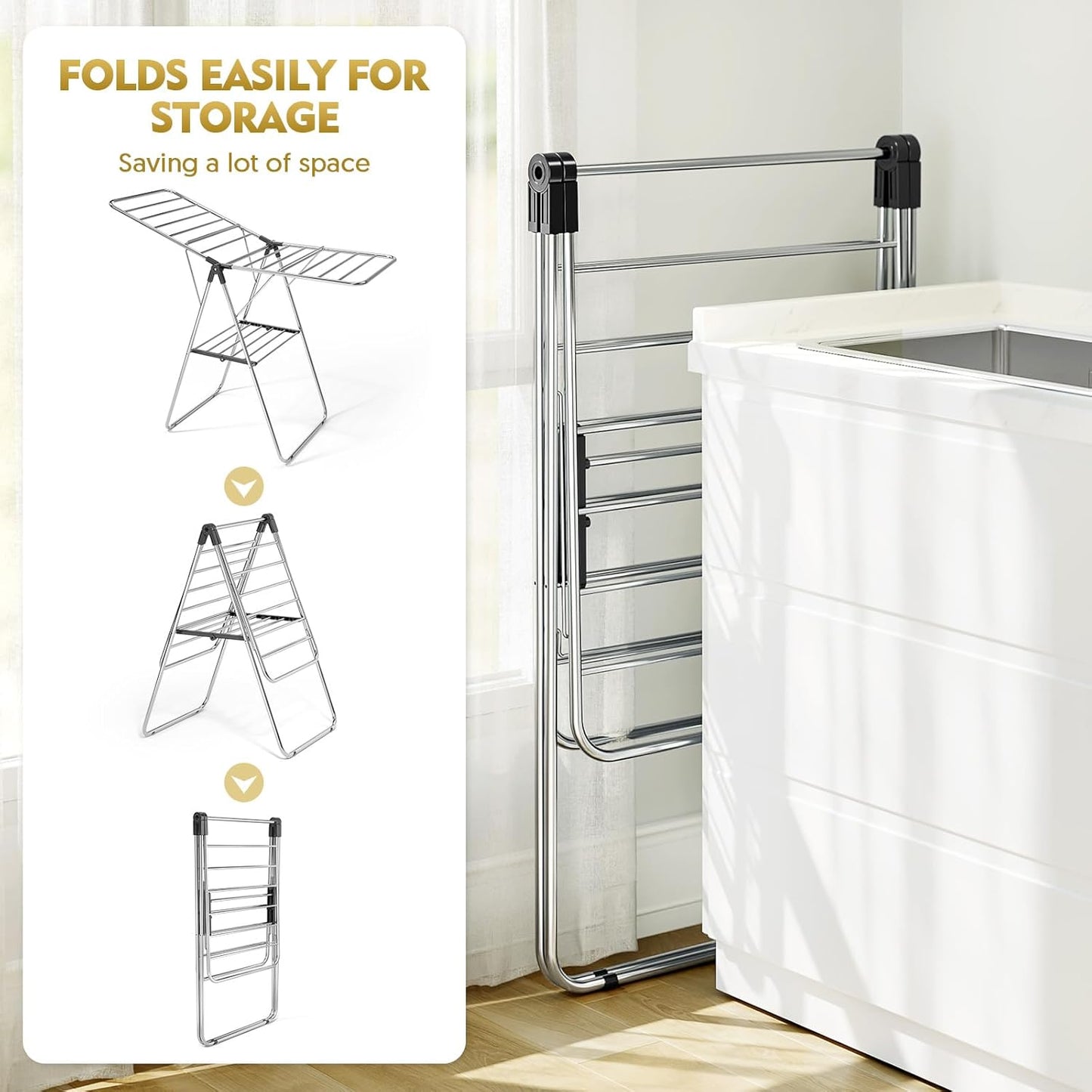 APEXCHASER Clothes Drying Rack, Drying Rack Clothing with Height-Adjustable, Foldable Gullwings