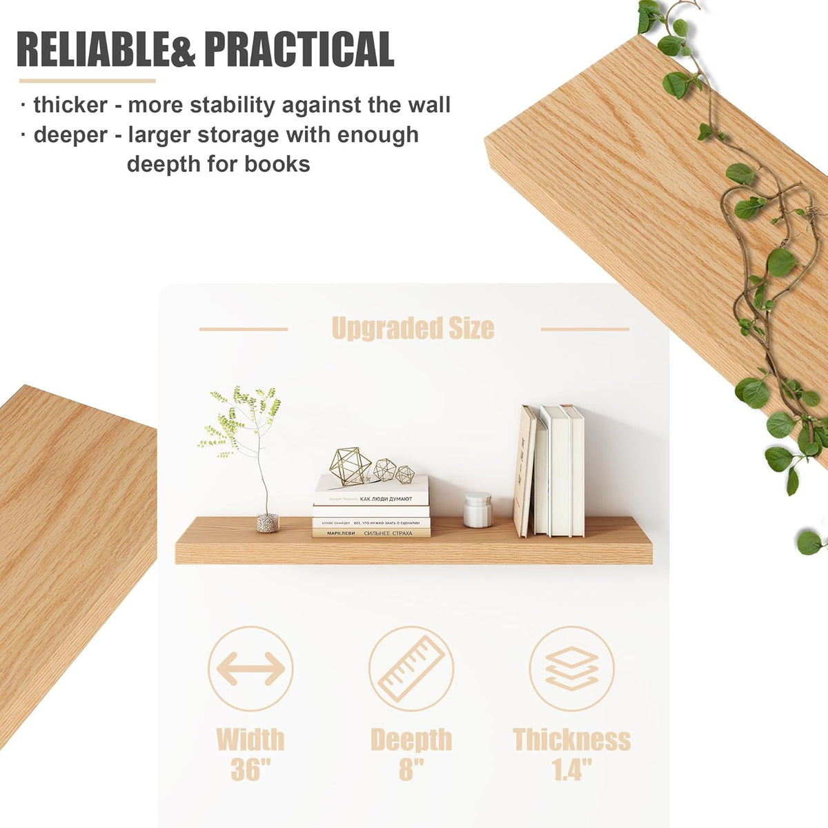 Floating Shelves for Wall, USA-Sourced Oak Wood 36 Inch Long Wall Shelves Set of 2, Natural Wooden