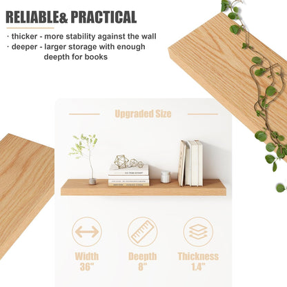 Floating Shelves for Wall, USA-Sourced Oak Wood 36 Inch Long Wall Shelves Set of 2, Natural Wooden