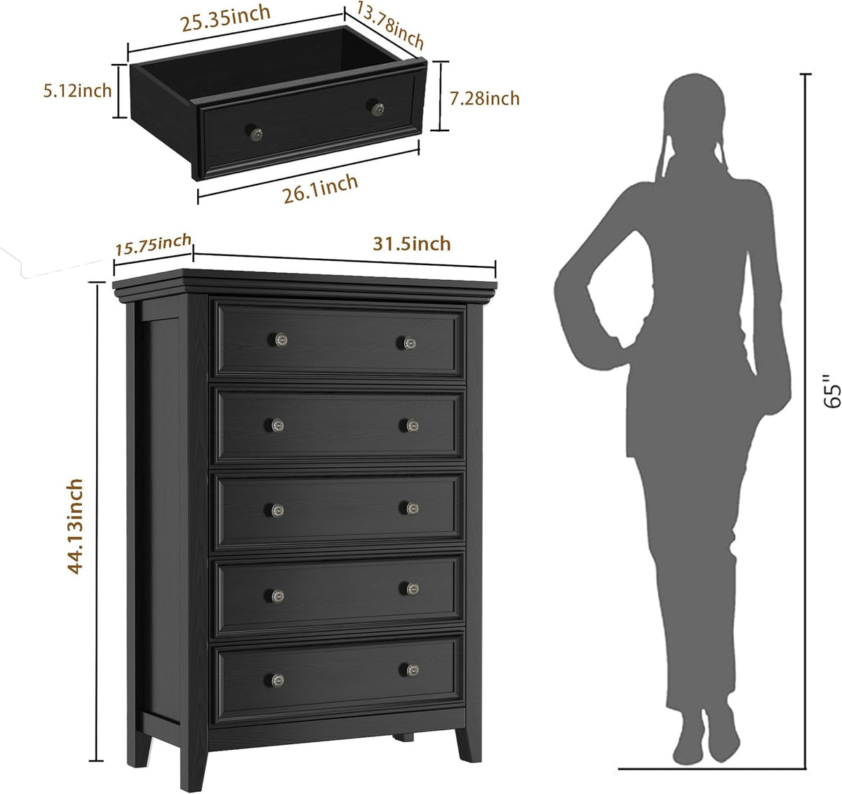 BLANKSPACE Black 5 Drawer Dresser, Modern Dresser for Bedroom, Wood Drawer Organizer with Metal