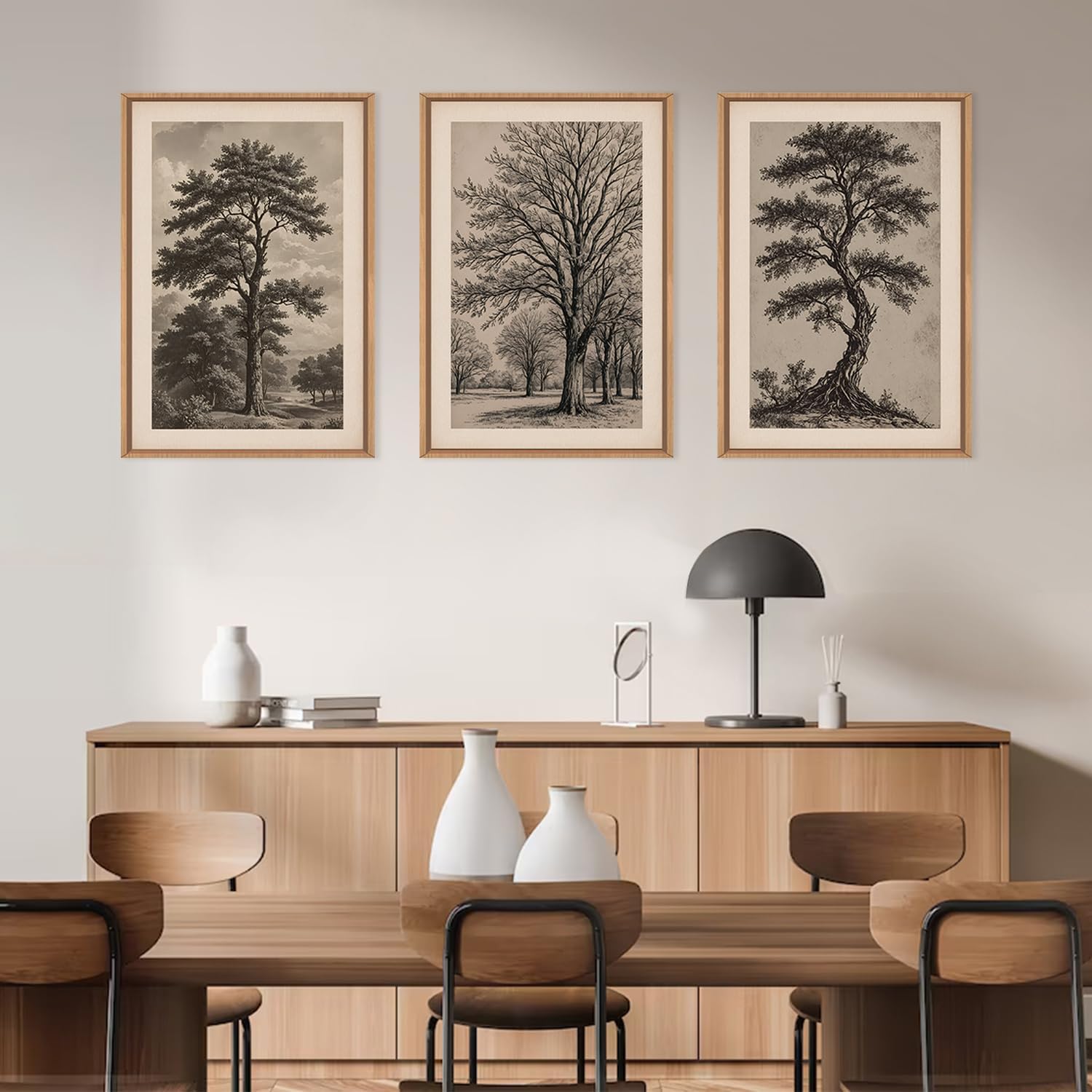 HPINUB Vintage Sketch Tree Framed Canvas Wall Art Set,Modern Nature Botanical Wall Decor, Antique
