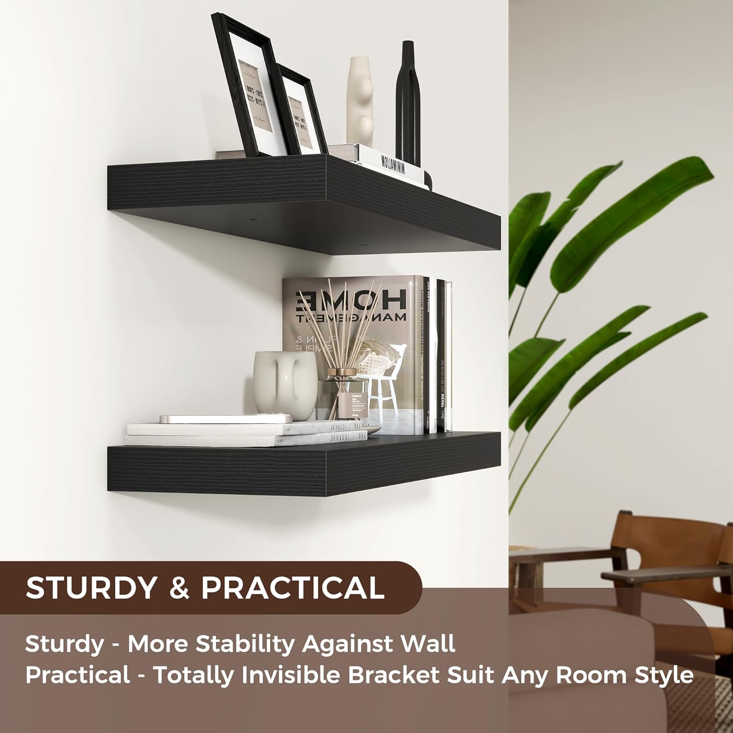 Floating Shelves - 2 Large Wall Mounted Shelves with Invisible Brackets, Long Wood Floating Wall