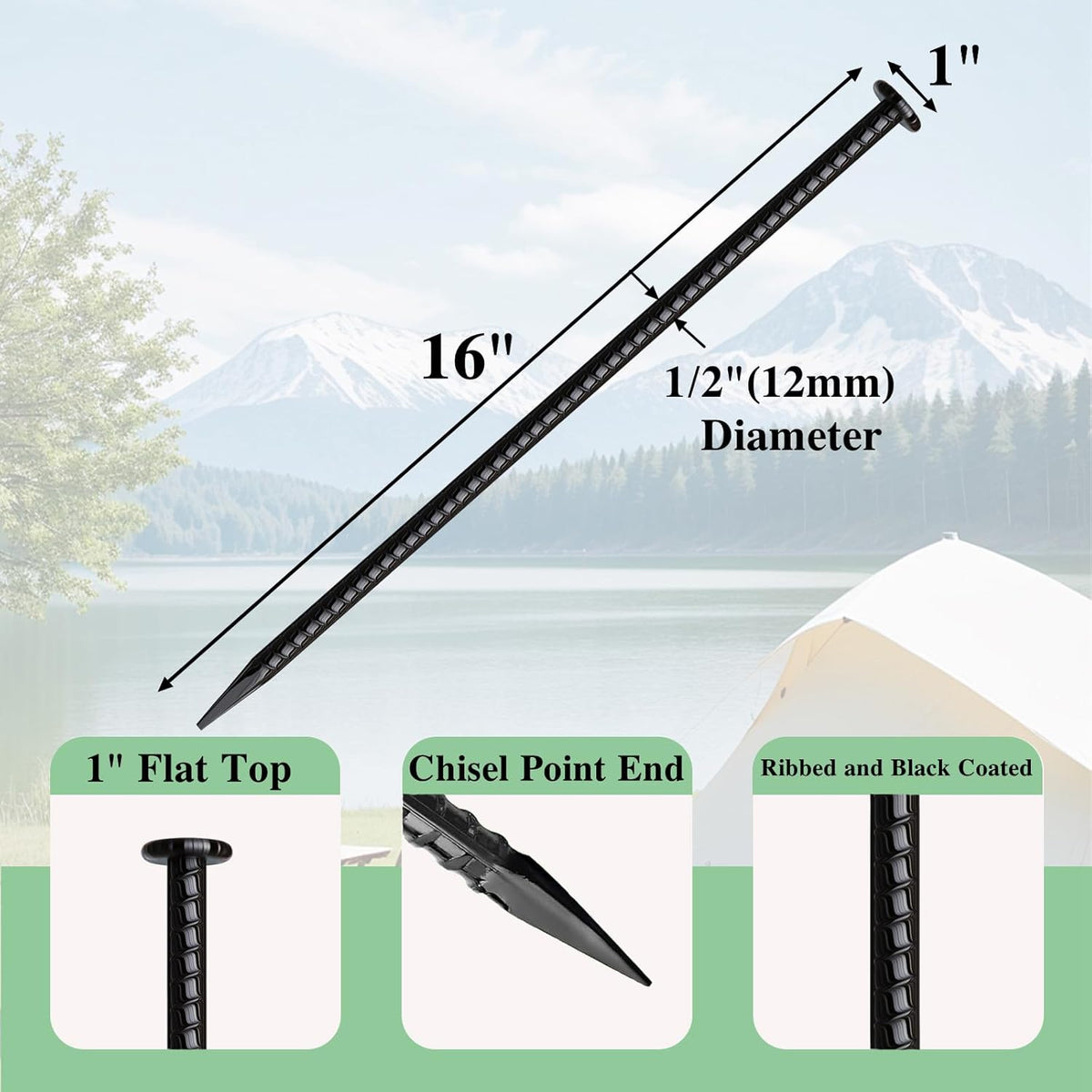 16 Inch Rebar Stakes 20 Pack Heavy Duty Ground Anchors 1/2 Inch Diameter Galvanized Steel Asphalt