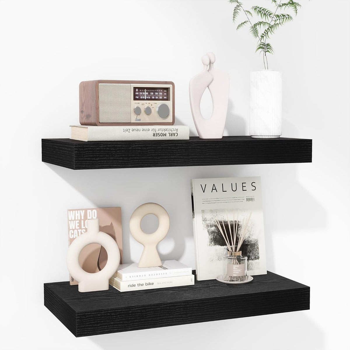 Fun Memories 16 Inch Floating Shelves - Deep Rustic Black Wooden Wall Shelves - Extra Deeper &