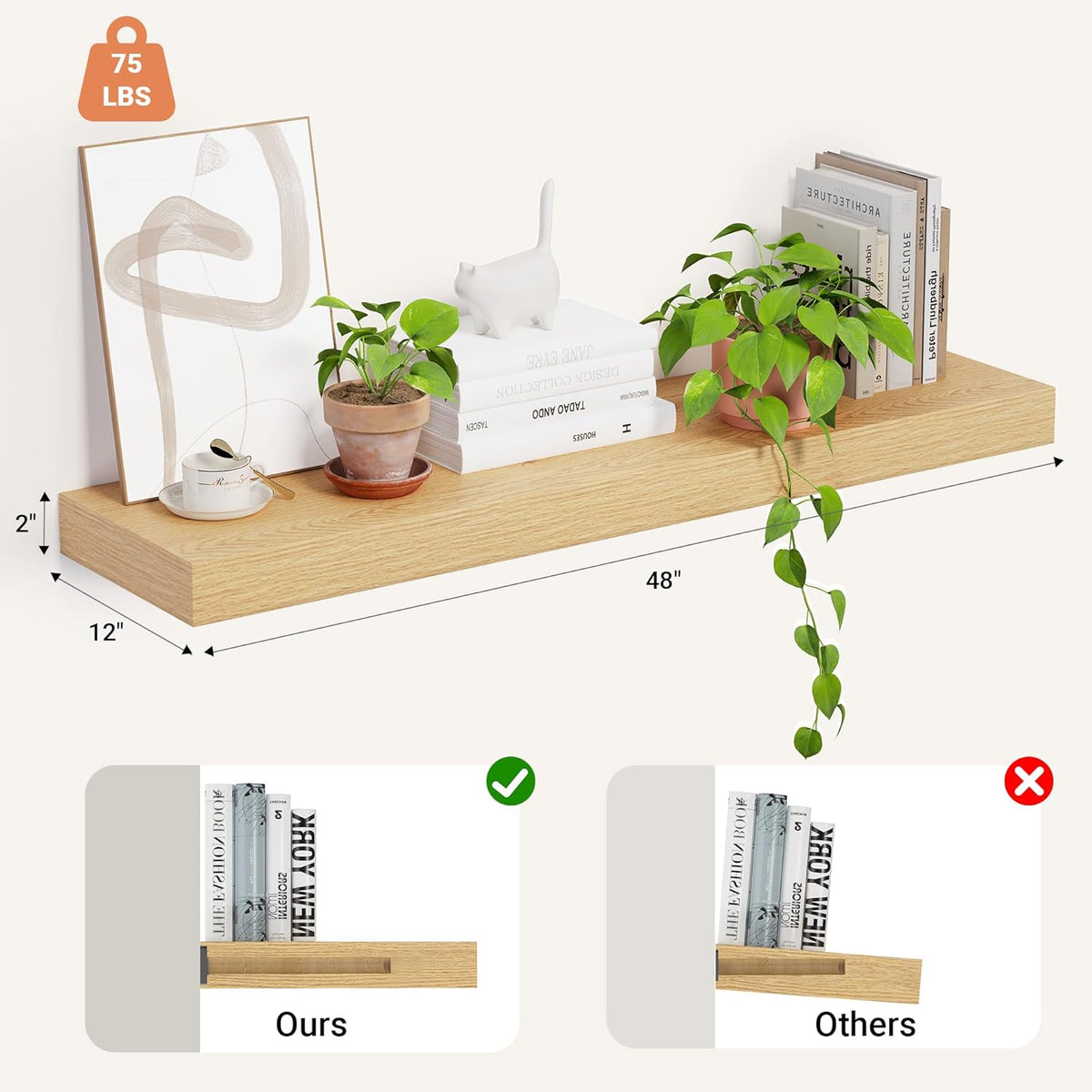 Heimlove 12 Inch Deep Floating Shelves, 48 x 12 inches Long Wall Shelf, Large Display Shelf &