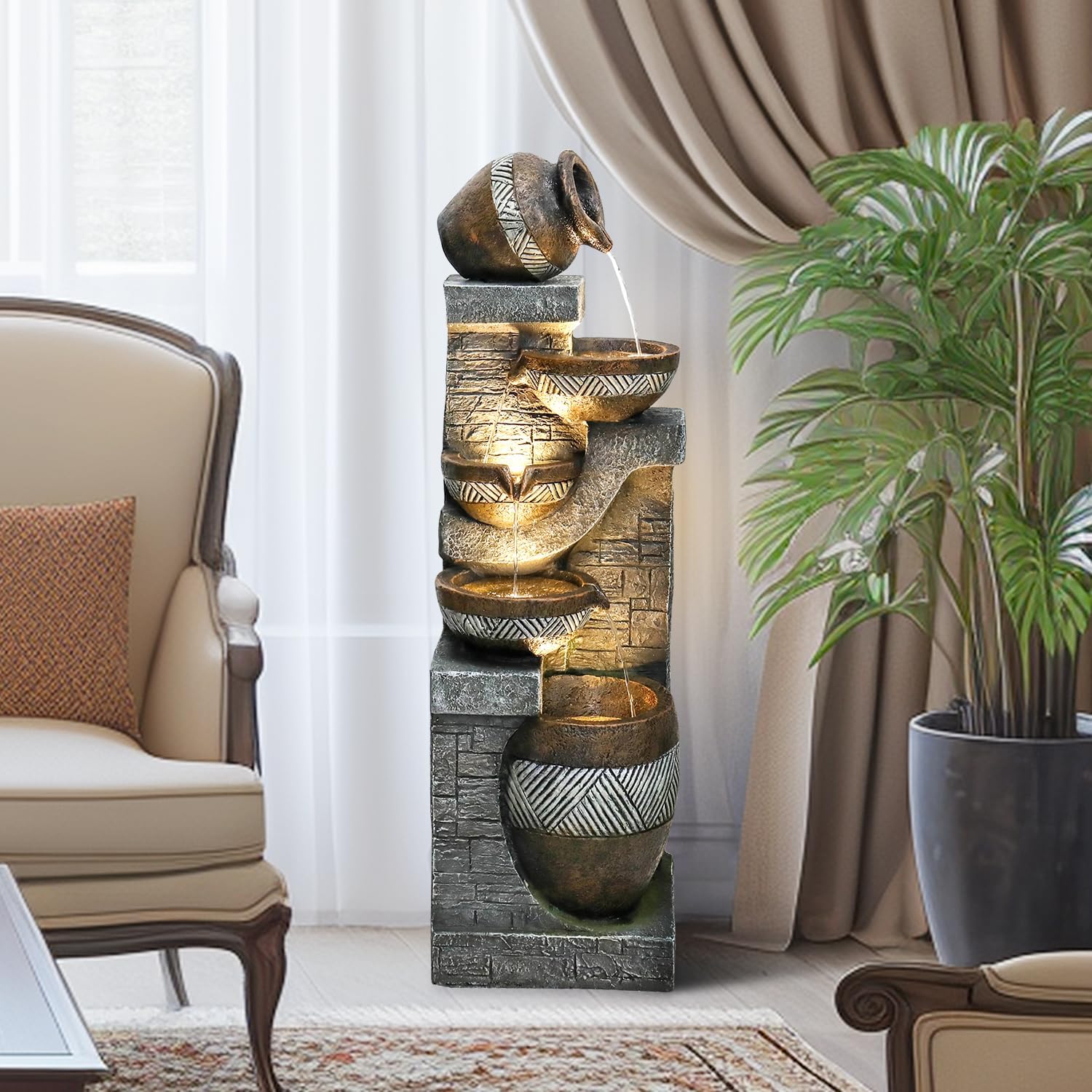 SunJet 5-Tiers Indoor/Outdoor Garden Water Fountain - 42.5inches Modern Floor-Standing Cascading