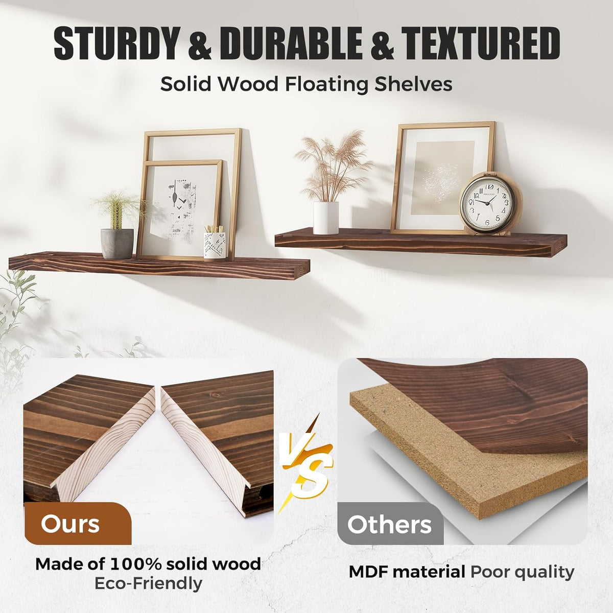 Floating Wall Shelves 2-Pack - 24-Inch Rustic Brown Wooden Shelves for Storage and Décor, Easy