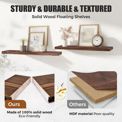 Floating Wall Shelves 2-Pack - 24-Inch Rustic Brown Wooden Shelves for Storage and Décor, Easy