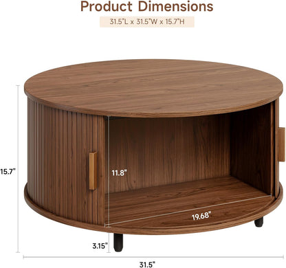 Round Coffee Table with Storage, 31.5" Modern Coffee Table with 360° Curved Sliding Door, Fluted