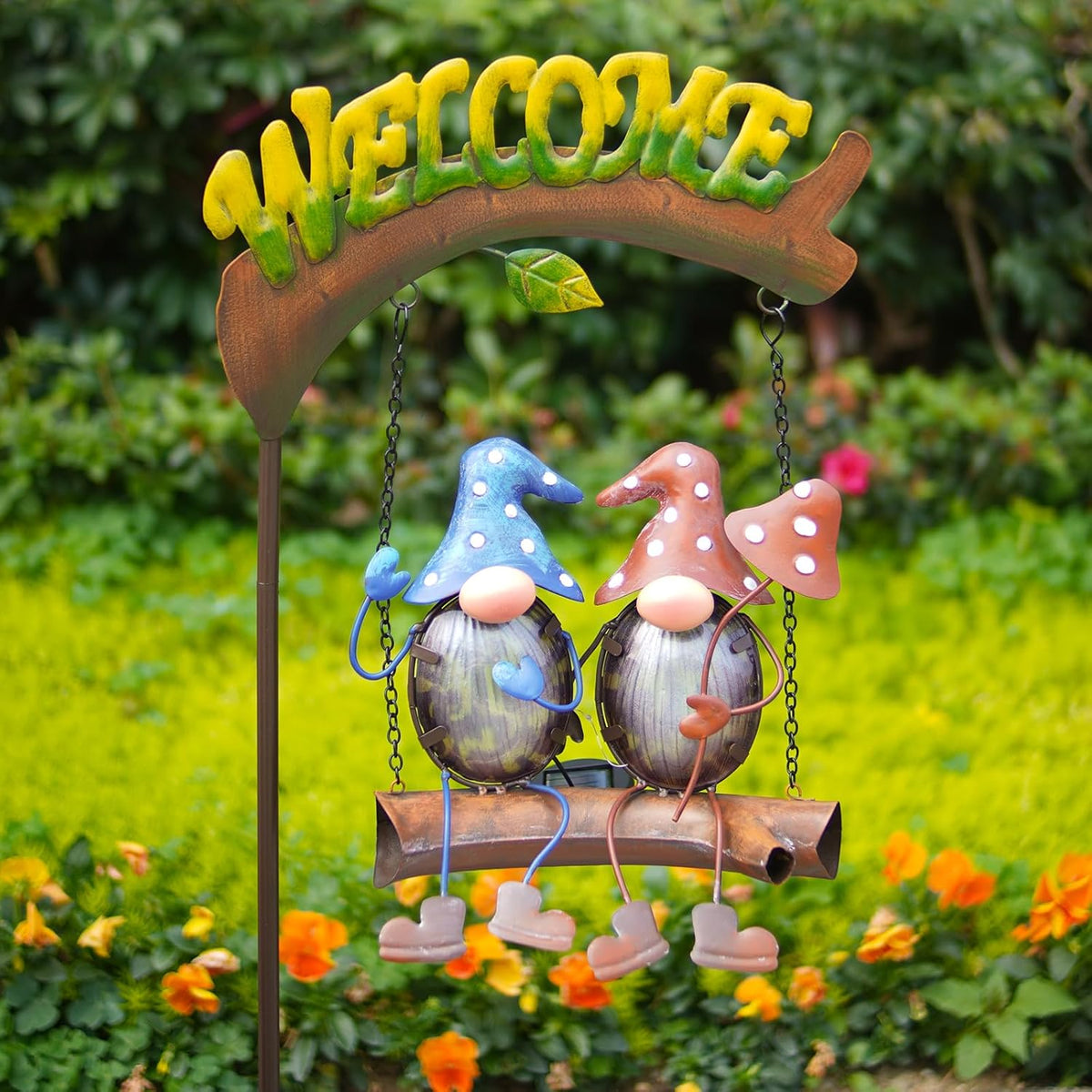 HONGLAND Gnome Garden Decor with Solar Lights, Funny Gnomes Swing Outdoor Decor, Gardening Gifts