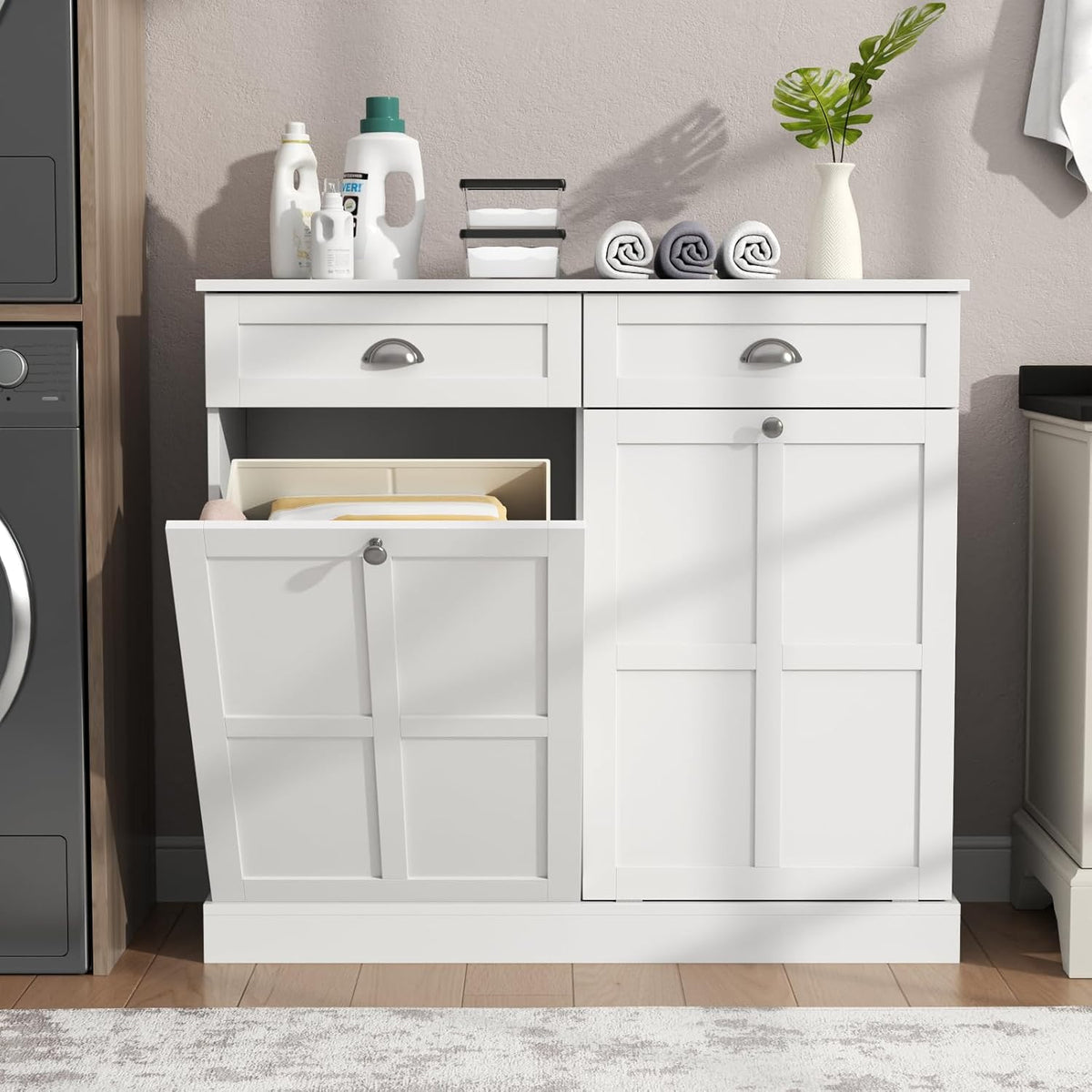 Loomie Double Tilt Out Laundry Hamper Cabinet, Hidden Laundry Cabinet with 2 Drawers & 2 Baskets