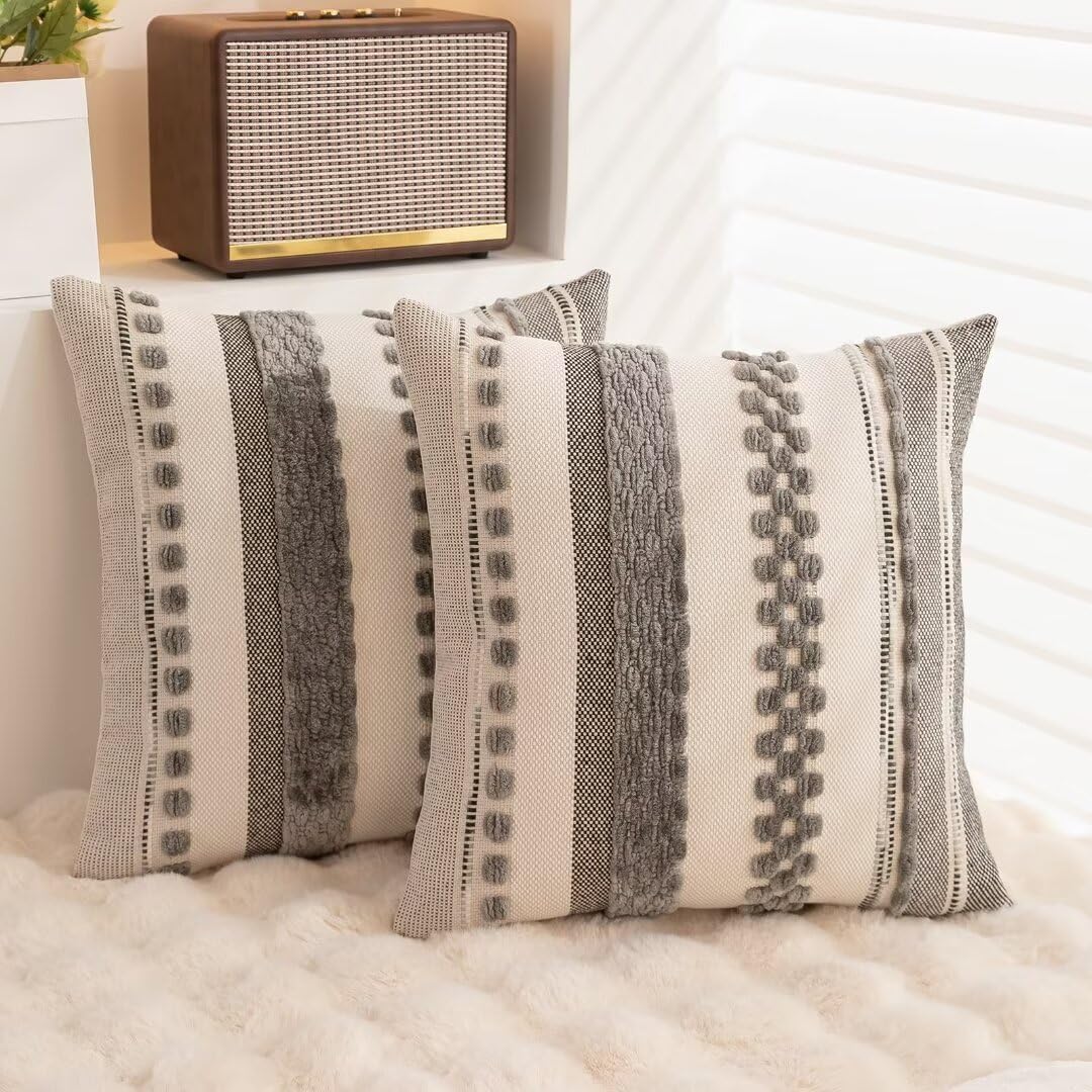 Boho Throw Pillow Covers 18x18 Set of 2 Farmhouse Decorative Cushion Case Striped Square Pillows