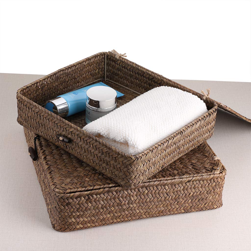 Hipiwe Set of 2 Flat Woven Wicker Storage Bins with Lid Seagrass Basket