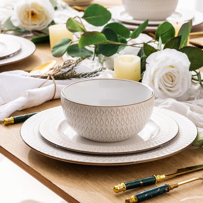 GBHOME Ceramic Dinnerware Sets,12 pcs Embossed Elegant Stoneware Plates and Bowls Sets