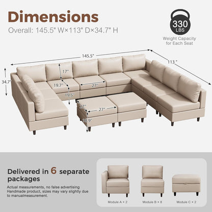 Oversized 145.5" Faux Leather Modular Sectional Sofa, Modern Large 12 Seater U Shaped Couch with