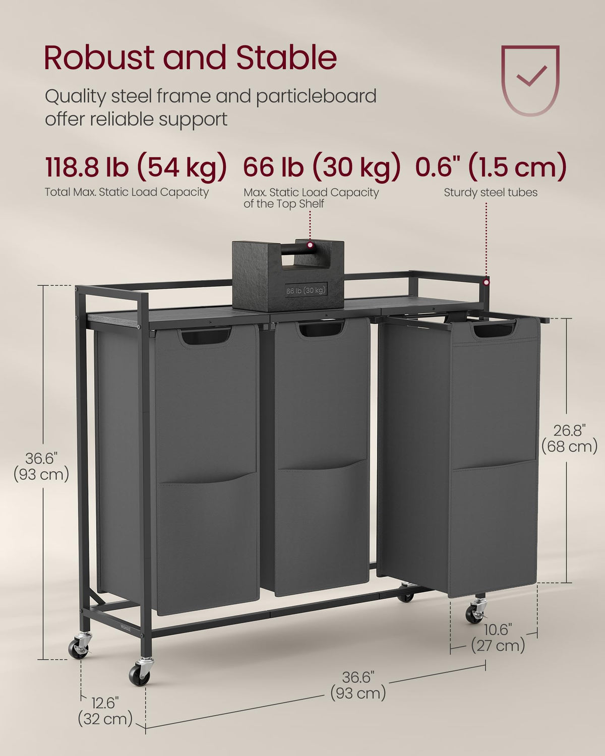 VASAGLE Laundry Sorter, 43.5 Gal. (165 L) Laundry Hamper Basket with 3 Compartments, Rolling Cart
