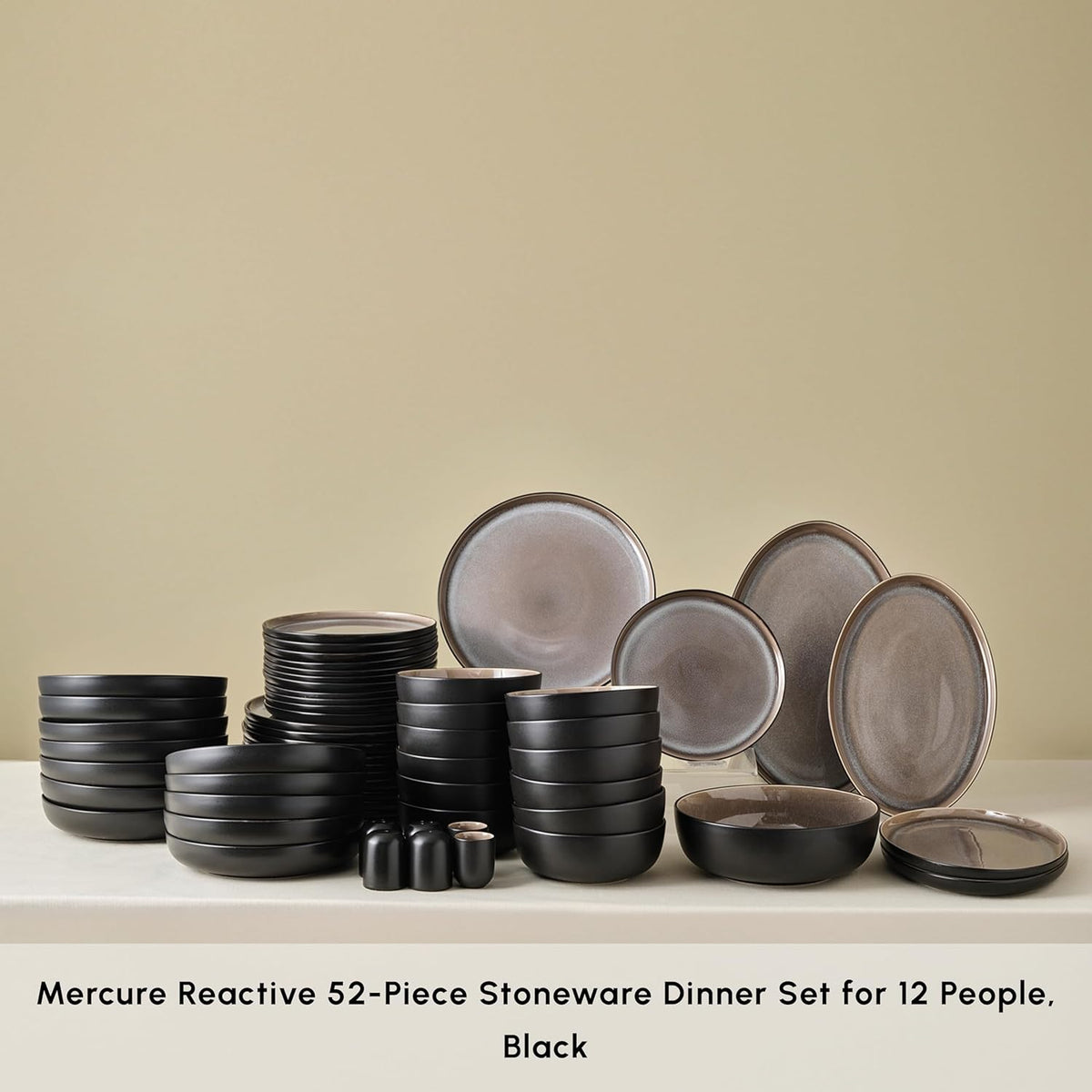 Karaca Mercure 59 Piece Stoneware Plates and Bowls Set, Reactive Glaze Black Dinner Set, Complete