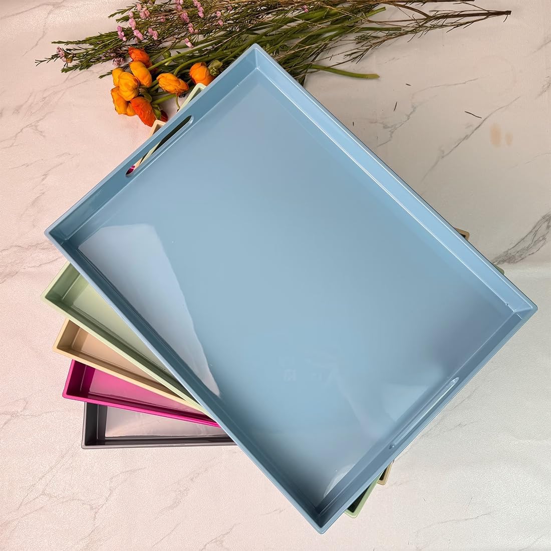 Light Blue Decorative Tray, Rectangular Large Serving Tray with Handles, Plastic Coffee Table Tray