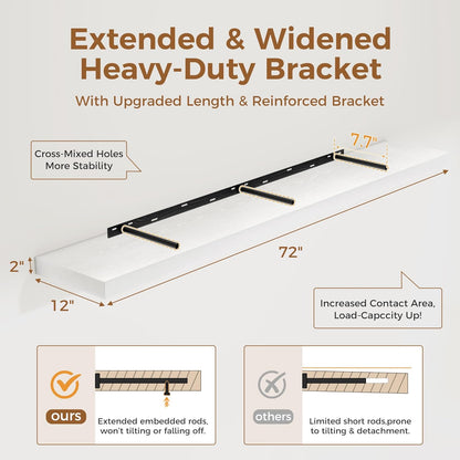 Fun Memories 72 Inch Floating Shelf, 12 Inch Deep Wall Shelf for Fireplace Mantel, Deep Storage