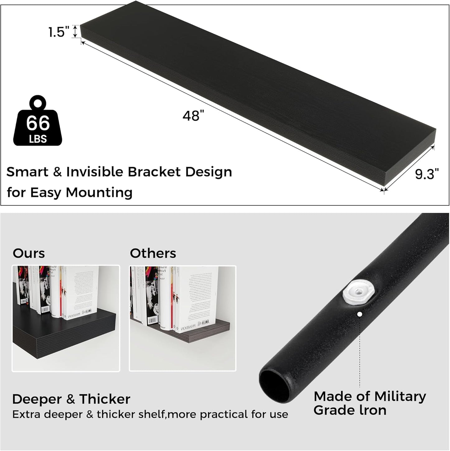 Floating Shelves - 2 Large Wall Mounted Shelves with Invisible Brackets, Long Wood Floating Wall