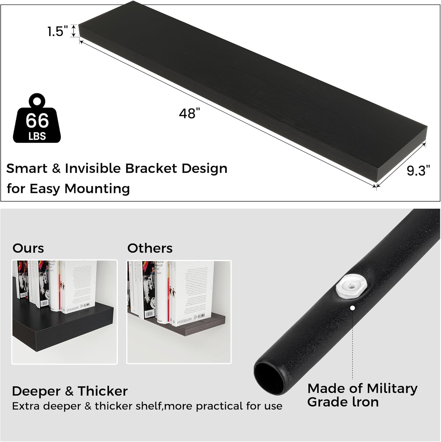 Floating Shelves - 2 Large Wall Mounted Shelves with Invisible Brackets, Long Wood Floating Wall