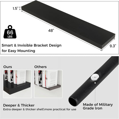 Floating Shelves - 2 Large Wall Mounted Shelves with Invisible Brackets, Long Wood Floating Wall