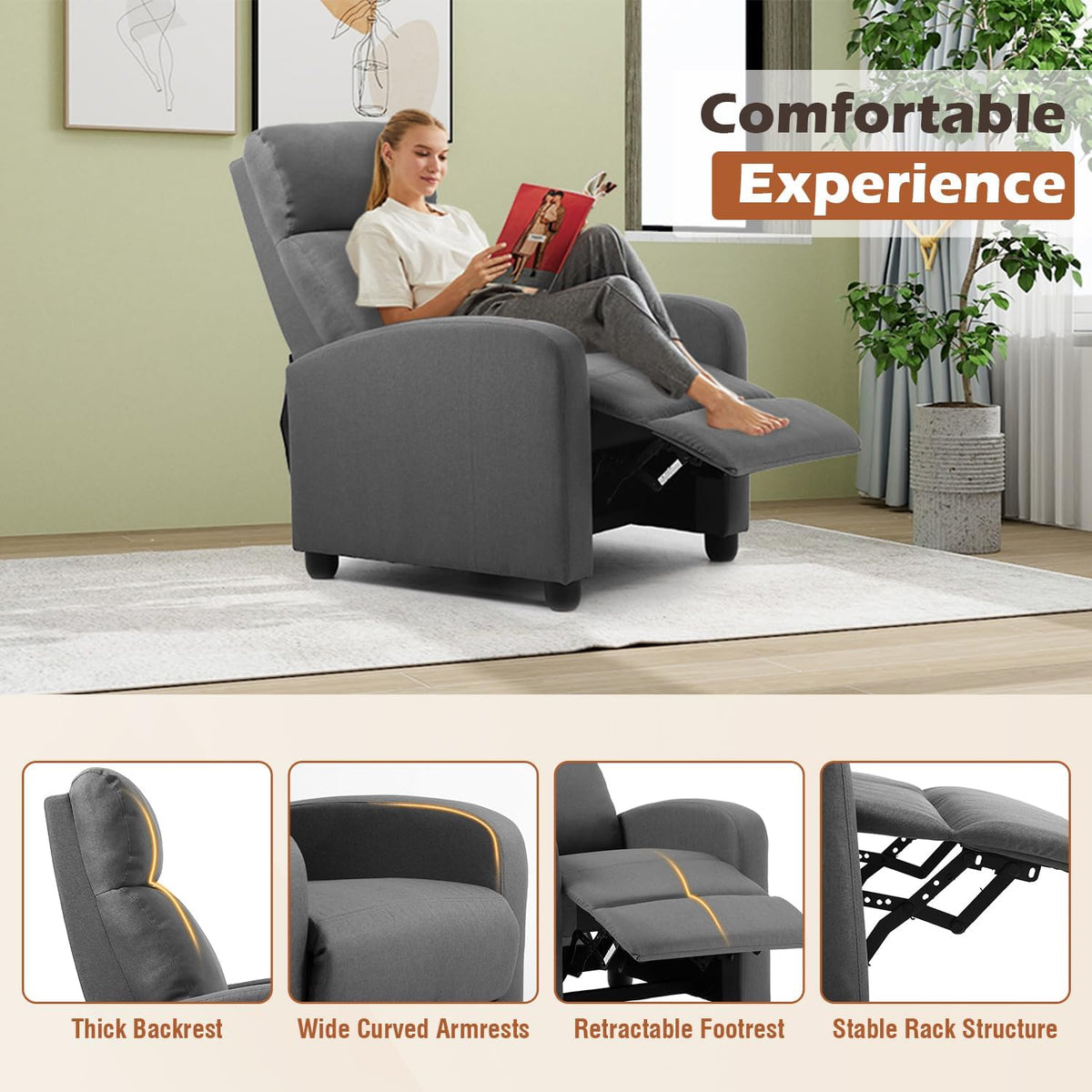 BestMassage | Recliner Chair | No Massage Function | Textile Grey | with Lumbar Support, Adjustable